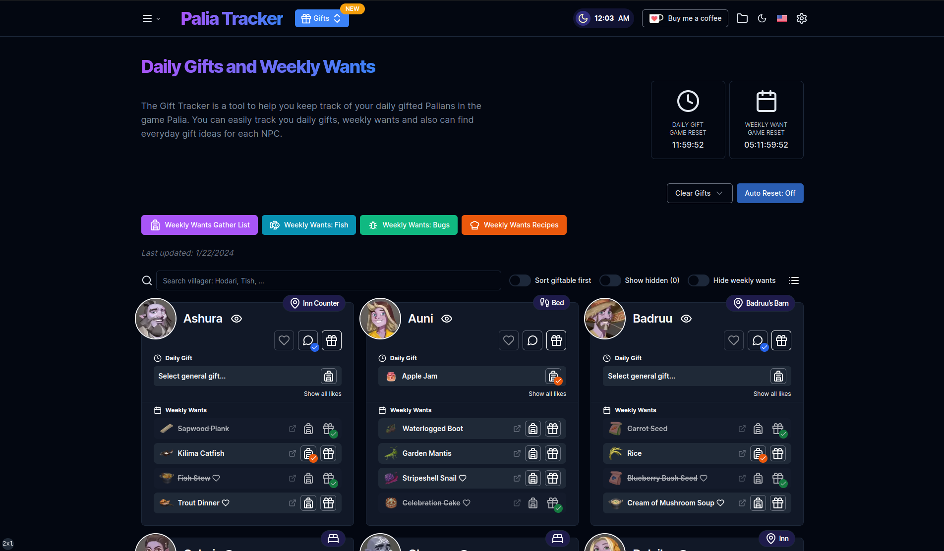 Gift &amp; Weekly Wants Tracker - Palia Tracker